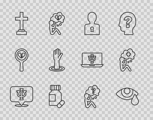 Sticker - Set line Psychology, Psi, Tear cry eye, Solution to the problem, Sedative pills, Graves funeral sorrow, Helping hand, Head with question mark and  icon. Vector