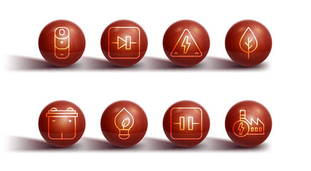 Poster - Set line Battery charge, Car battery, Leaf Eco symbol, Electrolytic capacitor, Light bulb with leaf, Diode in electronic circuit, Nuclear power plant and High voltage icon. Vector