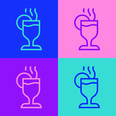 Wall Mural - Pop art line Mulled wine with glass of drink and ingredients icon isolated on color background. Cinnamon stick, clove, lemon slice.  Vector