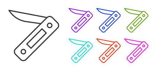 Sticker - Black line Swiss army knife icon isolated on white background. Multi-tool, multipurpose penknife. Multifunctional tool. Set icons colorful. Vector