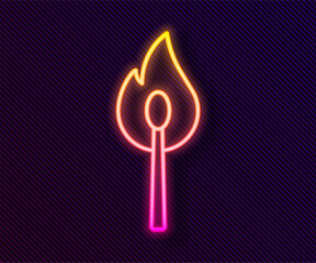 Sticker - Glowing neon line Burning match with fire icon isolated on black background. Match with fire. Matches sign.  Vector