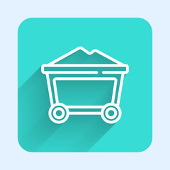 Poster - White line Mine coal trolley icon isolated with long shadow background. Green square button. Vector