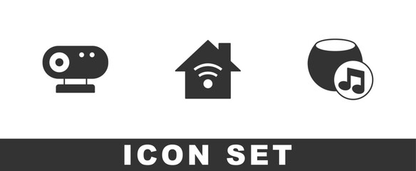 Poster - Set Web camera, Smart home with wi-fi and Voice assistant icon. Vector