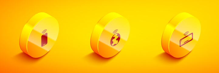 Poster - Set Isometric Mobile with wi-fi wireless, Global technology and Computer keyboard icon. Vector