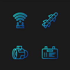 Sticker - Set line Airport board, Jet engine turbine, Router and wi-fi signal and Rocket. Gradient color icons. Vector