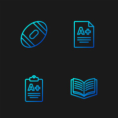 Poster - Set line Open book, Exam sheet with A plus grade, American Football ball and . Gradient color icons. Vector
