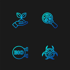 Canvas Print - Set line Biohazard symbol, healthy food, Plant in hand and Microorganisms under magnifier. Gradient color icons. Vector