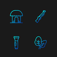 Sticker - Set line Tropical leaves, Flashlight, African hut and Hunting gun. Gradient color icons. Vector