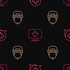 Canvas Print - Set line Canadian maple leaf, Hockey helmet and  on seamless pattern. Vector