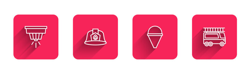 Poster - Set line Smoke alarm system, Firefighter helmet, cone bucket and truck with long shadow. Red square button. Vector