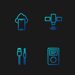 Poster - Set line Music player, USB cable cord, Cloud technology data and Satellite. Gradient color icons. Vector