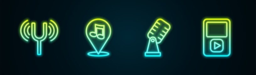 Poster - Set line Musical tuning fork, Location musical note, Microphone and player. Glowing neon icon. Vector