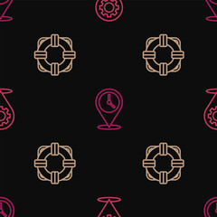 Poster - Set line Location with gear, Lifebuoy and clock on seamless pattern. Vector