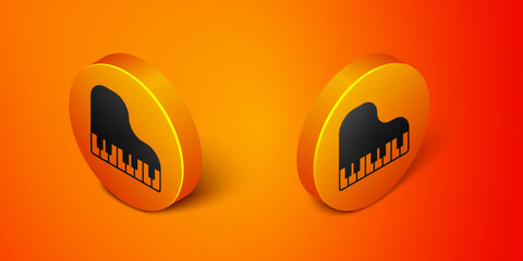 Poster - Isometric Grand piano icon isolated on orange background. Musical instrument. Orange circle button. Vector