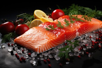 Food banner with fresh sea fish, raw salmon fillet on a black stone background with copy space. Large piece of red fish before cooking with ice cubes. Fish sale. Top view