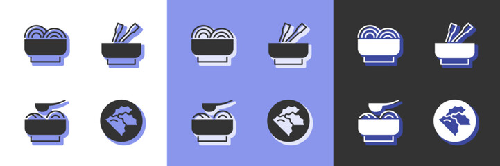 Sticker - Set Dumpling, Asian noodles bowl, Ramen soup and  icon. Vector