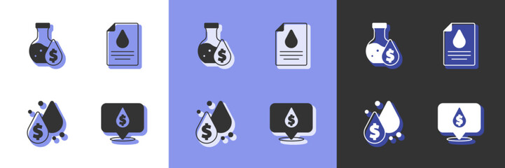 Wall Mural - Set Oil drop with dollar symbol, petrol test tube,  and Contract money and pen icon. Vector