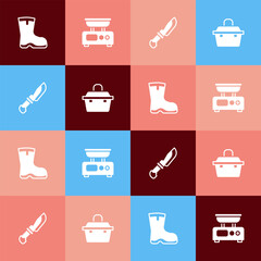 Canvas Print - Set pop art Fishing boots, Electronic scales, Knife and Case or box for fishing equipment icon. Vector