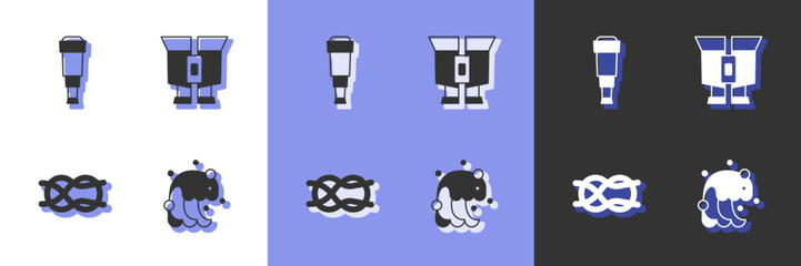 Poster - Set Tsunami, Spyglass telescope lens, Nautical rope knots and Binoculars icon. Vector