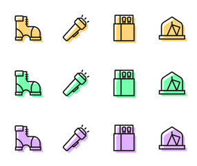 Canvas Print - Set line Open matchbox and matches, Hunter boots, Flashlight and Tourist tent icon. Vector