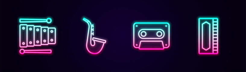 Poster - Set line Xylophone, Saxophone, Retro audio cassette tape and Harmonica. Glowing neon icon. Vector