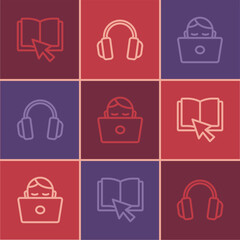 Canvas Print - Set line Online book, Student working at laptop and Headphones icon. Vector