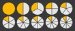 Circle divided into 1-10 parts icon set.  Full circle segment diagram in 1-10 parts graph icon pie shape section chart in yellow and white color. Circle divided in ten parts infographics.
