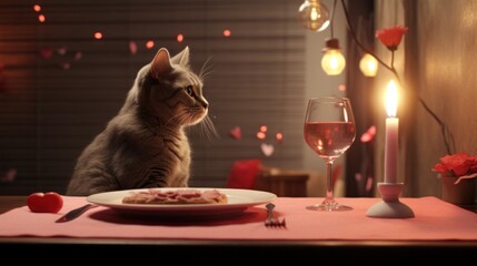 Poster - A cat sitting at a table with a plate of food and a glass of wine