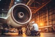 Aircraft maintenance technician inspects and works on airplane engines in the hangar at repair station. ai generative