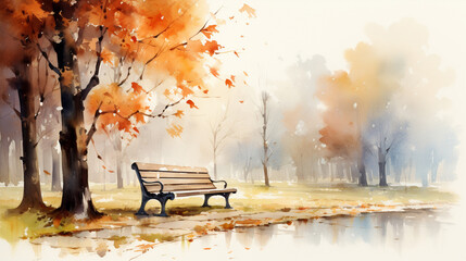 A bench in the park in autumn, watercolor clipart style