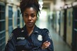 An empowered black female correctional officer standing firm in the demanding environment of a prison