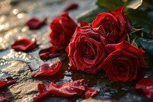 Vibrant Red Roses, Drenched In The Essence Of Love, Adorn A Garden After A Refreshing Rainfall On Valentine's Day