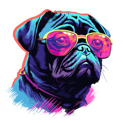Sticker - portrait of Playful Pug Illustration, vibrant and playful illustration  a pug dog wearing red oversized sunglasses 
