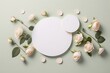 A calming pastel beige backdrop provides the perfect canvas for this top view shot of lovely miniature roses with a blank two circles ideal for advertisements, Generative AI