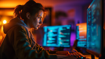 woman is focused on her computer screens at night, coding. The room glows with blue light from the screens, showing a tech workspace