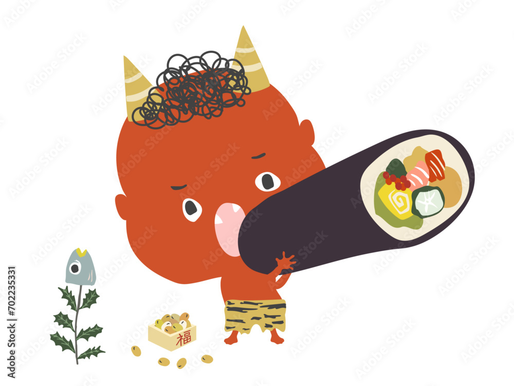 Vector de Stock 恵方巻を食べる赤鬼（節分のイラスト） | Adobe Stock