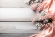 Hello spring concept. Top view photo of pink soft plaid and gypsophila flowers on grey wooden table background with copyspace, Generative AI