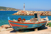 Greece, Chios, Old Blue Fishing Boat On The Beach