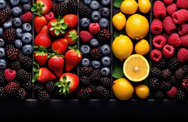 Wall Mural - Top view of strawberries, raspberries, blueberries, mint, also oranges and lemons on dark table in the shop