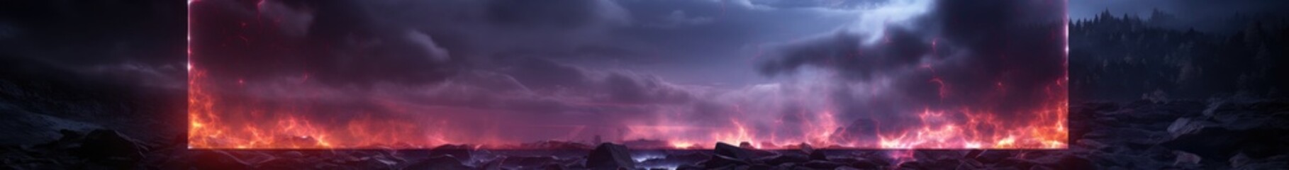 Poster - Futuristic banner with neon light frame on water surface and smoke clouds with sparkles. Glowing rectangle frame in fog on black background, vector realistic illustration
