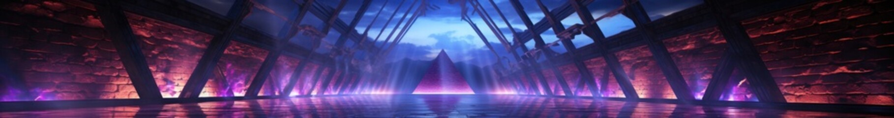 Poster - Modern Abstract Sci Fi Futuristic Stage Construction With Neon Glowing Purple And Blue Triangle Lights On Concrete Wet Floor Empty Wallpaper 3D Rendering Illustration