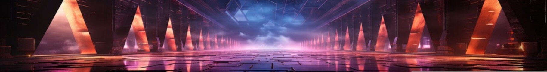 Poster - Futuristic Sci Fi Laser Neon Shapes Glowing Light Vibrant Purple Blue Stage NIght Club Background Grunge Concrete Dark Tunnel Hall Corridor Garage Fashion Party Reflective 3D Rendering Illustration