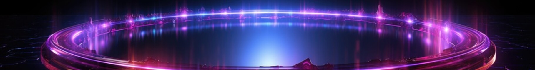 Poster - Neon frame in star form with shining effects on dark purple background. Empty glowing techno backdrop. Vector illustration