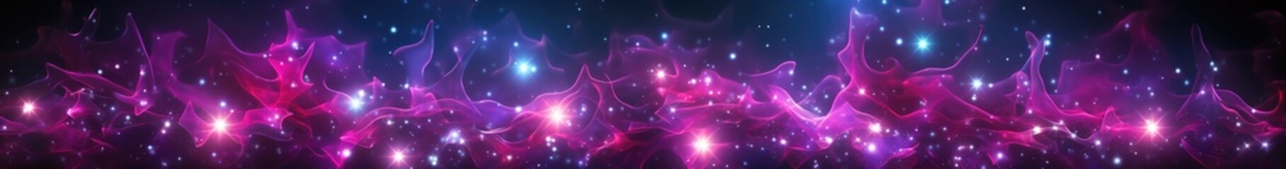 Poster - Neon frame in star form with shining effects on dark purple background. Empty glowing techno backdrop. Vector illustration