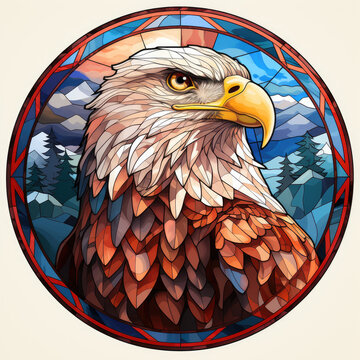 Watercolor Round Faux Stained Glass Eagle USA Flag Clipart illustration Generative Ai