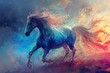 A majestic mare and a powerful stallion are brought to life through a vibrant painting, showcasing their beauty and strength in their colorful manes