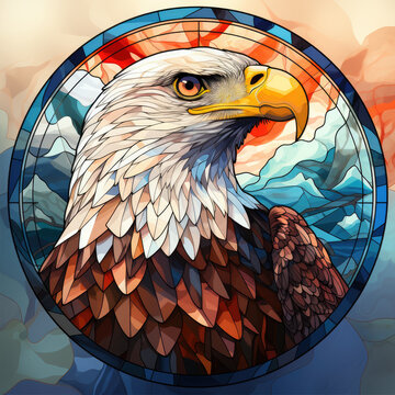 Watercolor Round Faux Stained Glass Eagle USA Flag Clipart illustration Generative Ai
