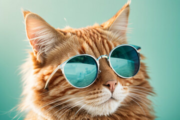 Closeup portrait of funny ginger cat wearing sunglasses isolated on light cyan. Ai Generative