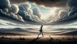 A whimsical, animated art style depiction of a person walking alone in a barren landscape, under a cloudy sky.
