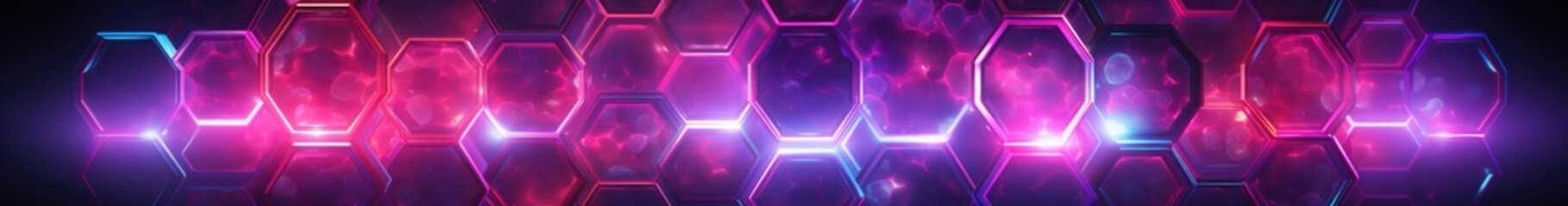 Poster - Neon hexagon frame purple pink violet color on dark blue background. Vector template of wiring neon frame with soft backlight. Celebration sign with explosion particles sparkle. Electricity background